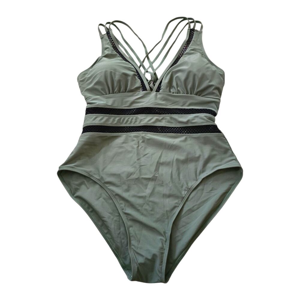Green Vneck Plunge One Piece Swimsuit Plus Size 2X